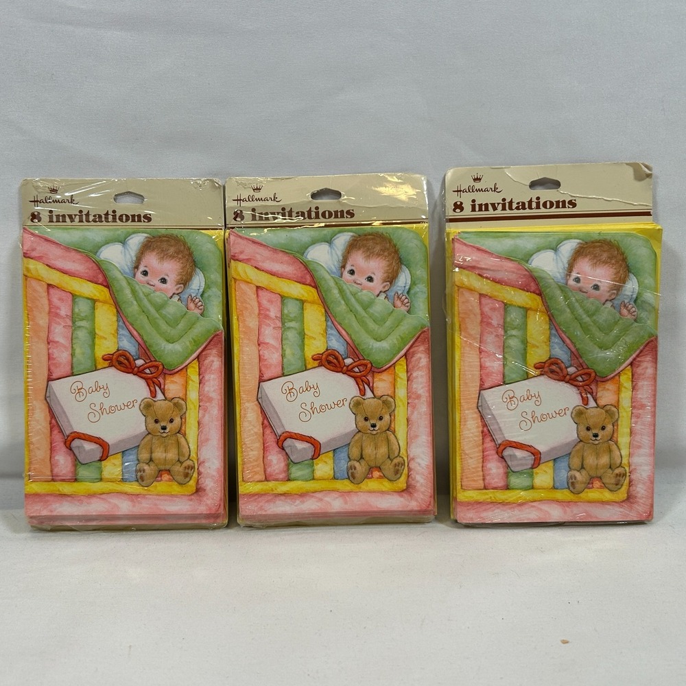 Vintage Baby Shower Invitations Hallmark 24 w/ Yellow Envelope Boy Girl Bear 80s
